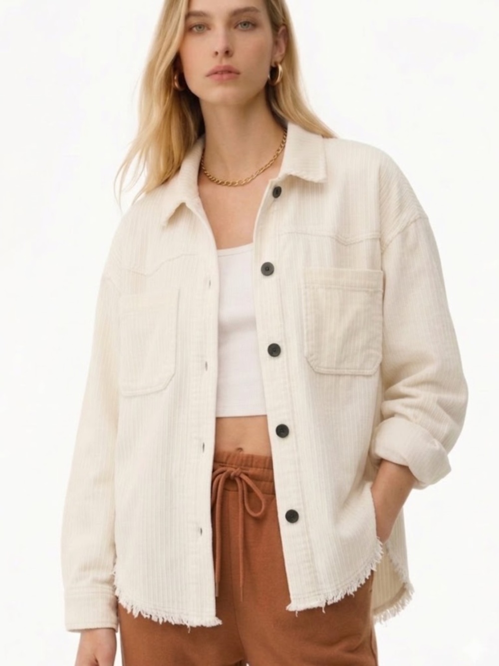 ZARA Corduroy Two Pocket Raw Edge Shacket in Ivory, S